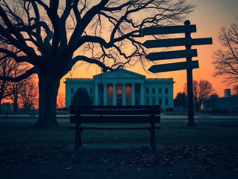 Flick International A deserted government building at dusk with an empty park bench and a large gnarled tree casting shadows