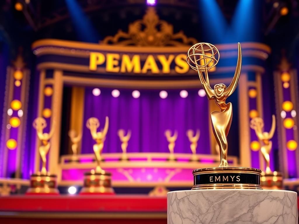 Flick International A vibrant scene from the 2025 Emmy Awards showcasing a grand stage with golden and purple decor and a prominent Emmy trophy.
