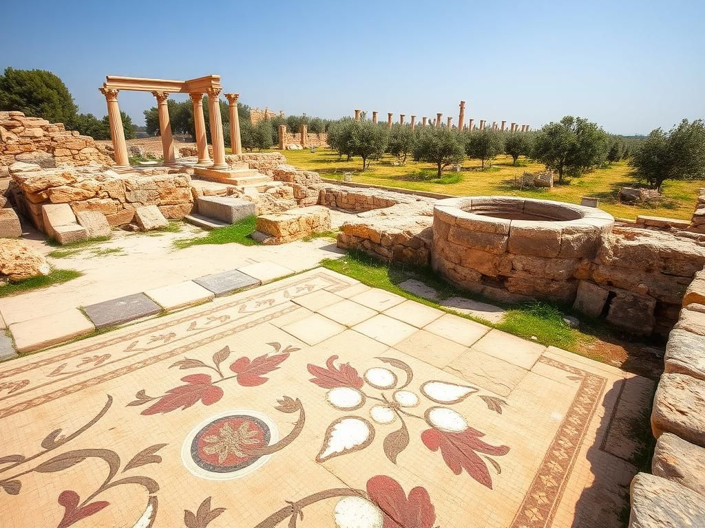 Flick International Sweeping view of a 1,600-year-old Samaritan estate in Kafr Qasim, Israel, showcasing an intricate mosaic floor and olive press.