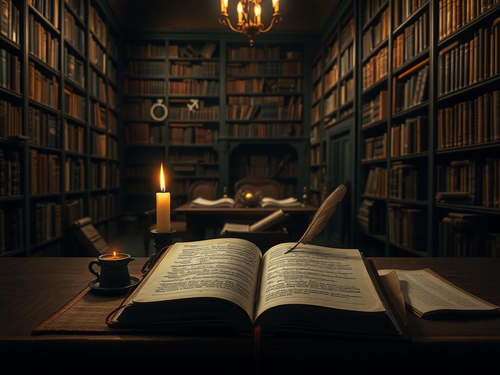 Flick International A serene library with an open ancient tome discussing gender and identity.