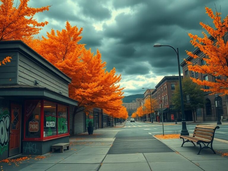 Flick International Urban scene in Burlington, Vermont showing a closed small business with graffiti and autumn foliage