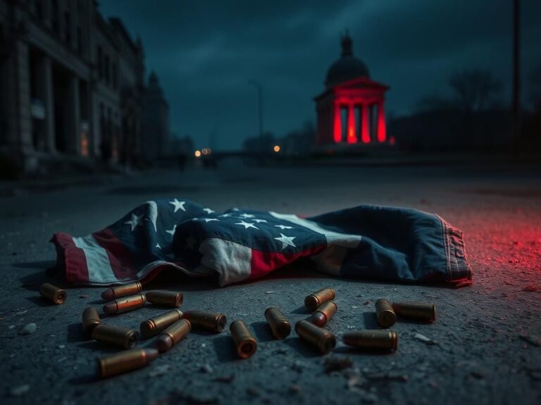 Flick International A crumpled American flag surrounded by bullet casings on a concrete surface