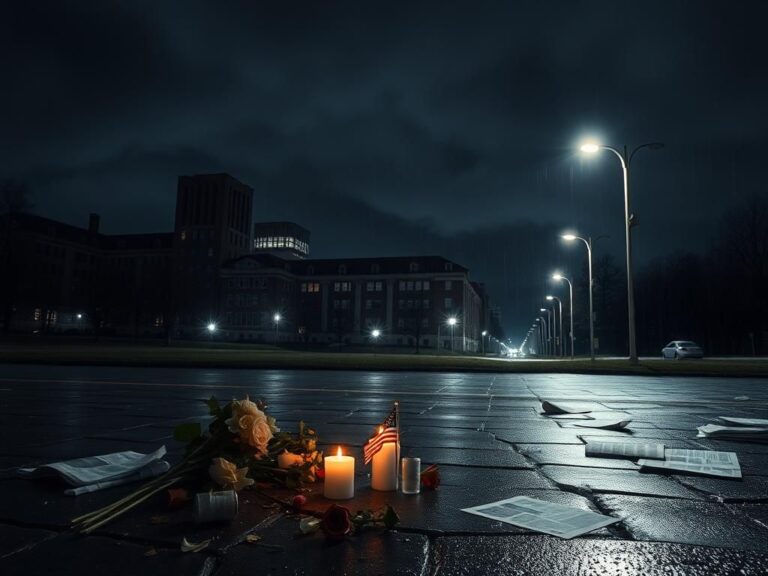 Flick International Dark and moody cityscape at night featuring a dimly lit university campus and a makeshift memorial