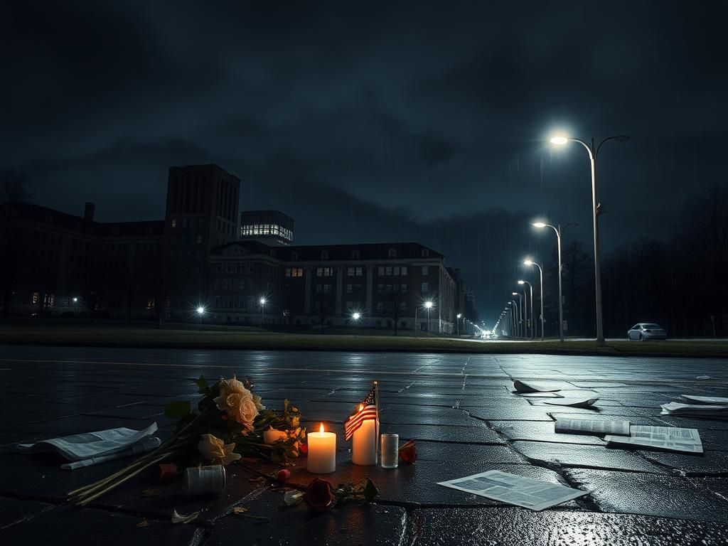 Flick International Dark and moody cityscape at night featuring a dimly lit university campus and a makeshift memorial