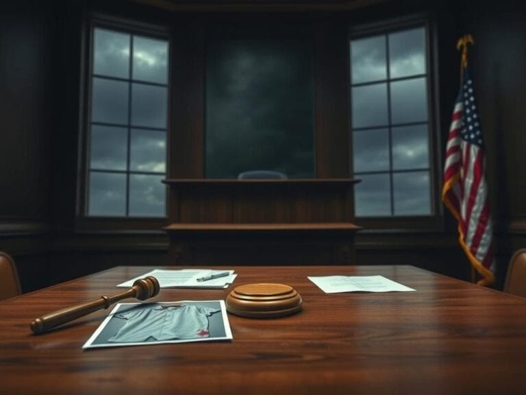Flick International A tense courtroom scene with an empty witness stand and a gavel on a wooden table