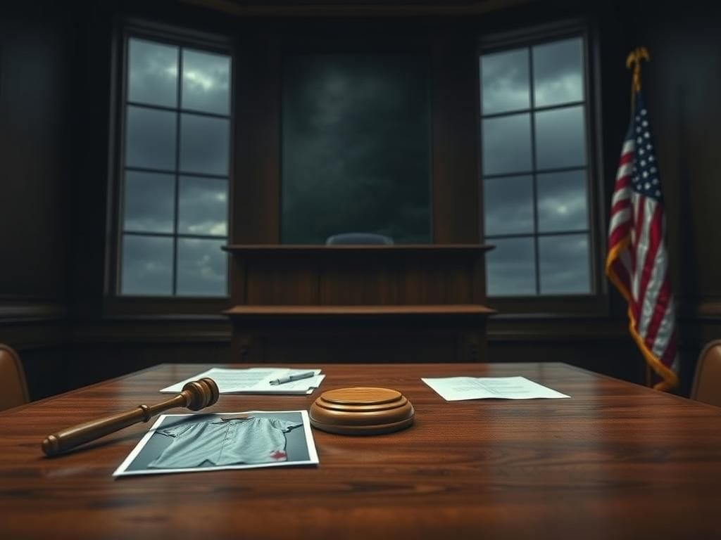 Flick International A tense courtroom scene with an empty witness stand and a gavel on a wooden table