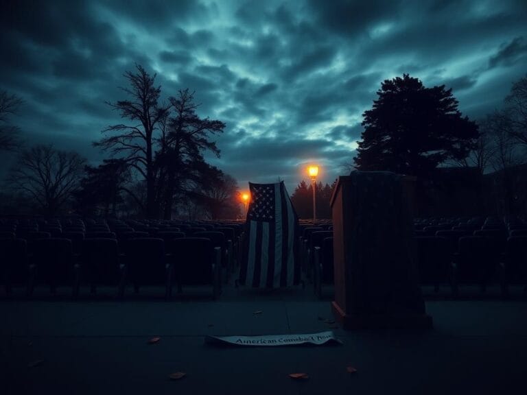 Flick International A somber university campus at twilight featuring a deserted lecture hall and a tattered national flag.