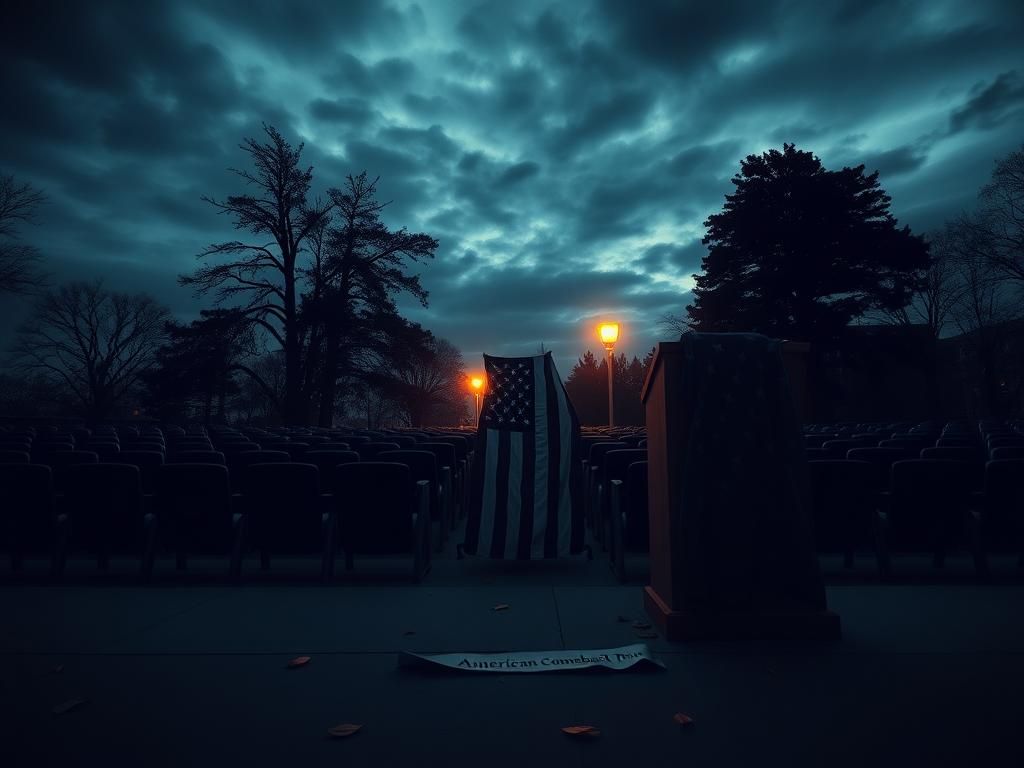Flick International A somber university campus at twilight featuring a deserted lecture hall and a tattered national flag.