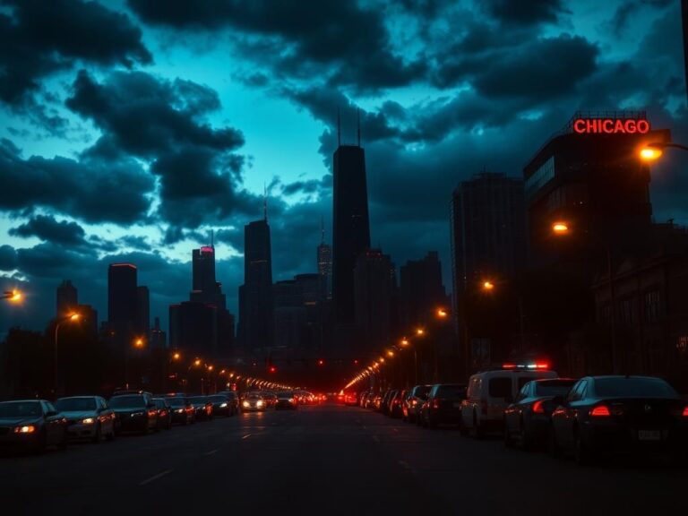 Flick International Dramatic cityscape of Chicago at dusk with ominous clouds and neon lights