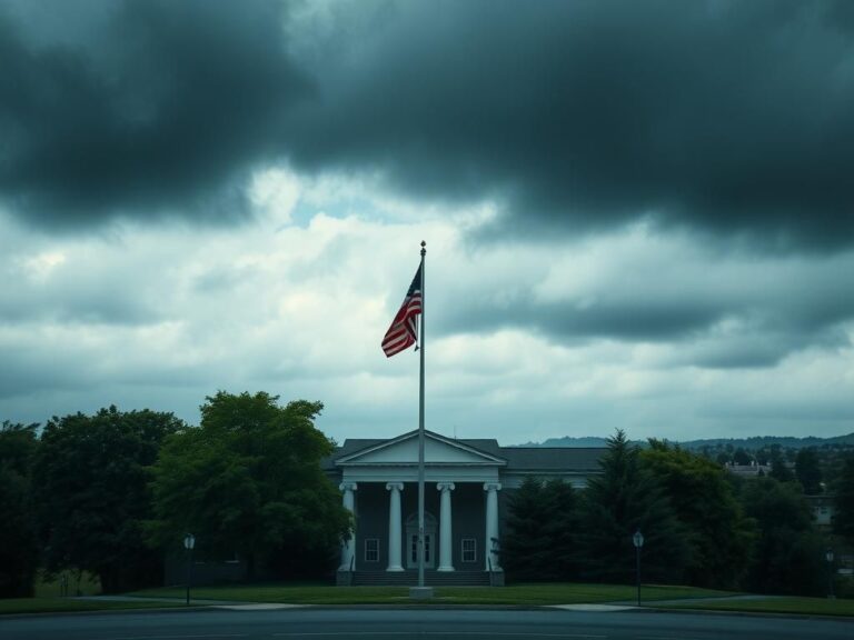 Flick International Empty New Jersey government building under a cloudy sky with an American flag in the foreground