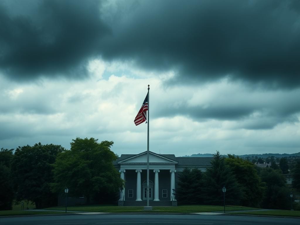 Flick International Empty New Jersey government building under a cloudy sky with an American flag in the foreground