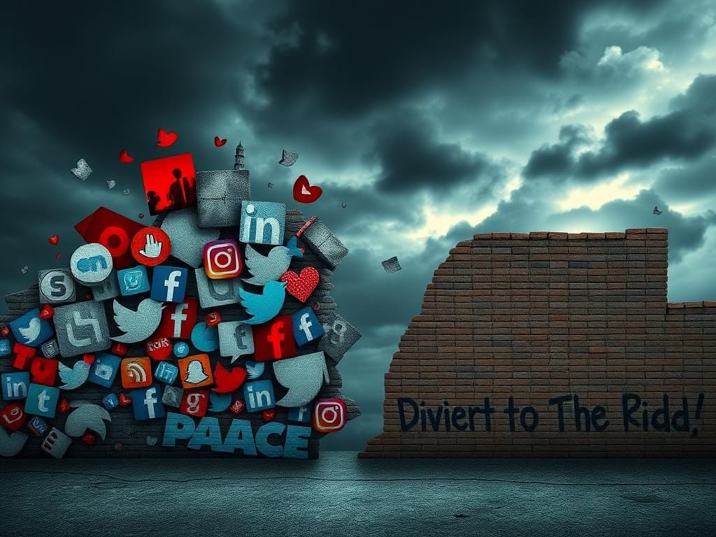 Flick International Fragmented digital landscape with symbols of social media as jagged shards reflecting chaos