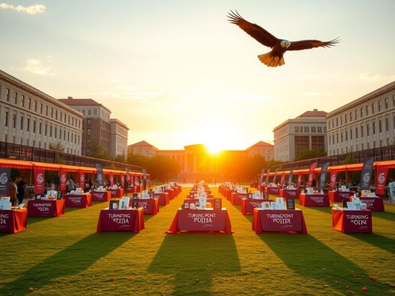 Flick International A large, open college campus at sunset with organized tables and booths for Turning Point USA.