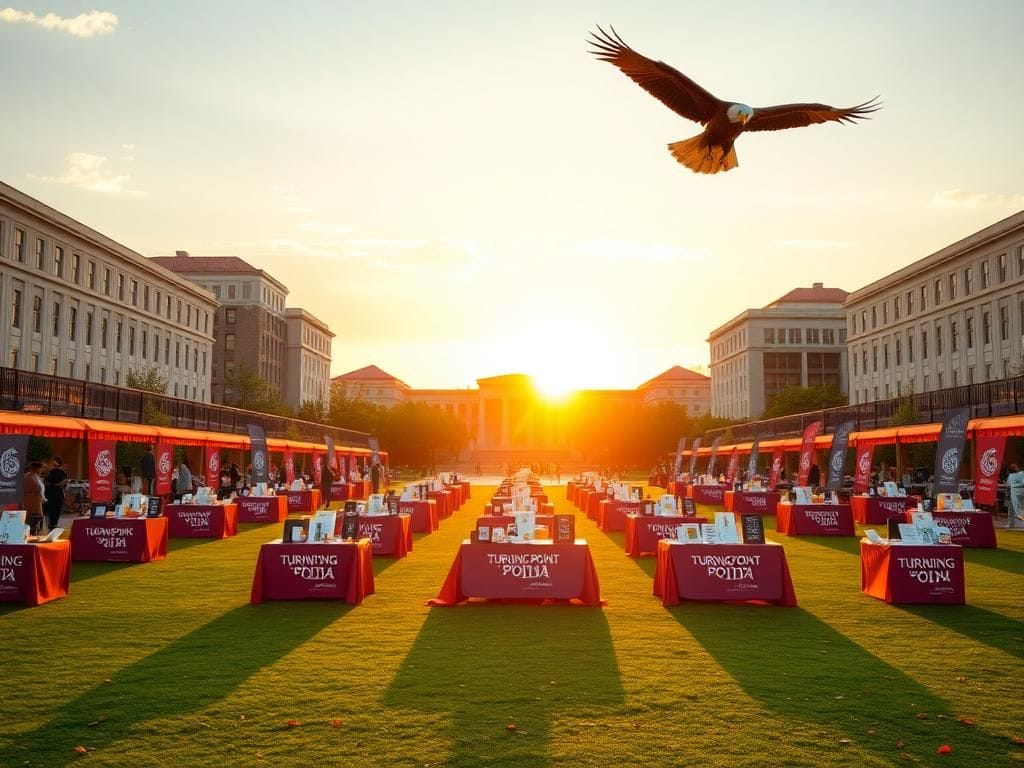 Flick International A large, open college campus at sunset with organized tables and booths for Turning Point USA.