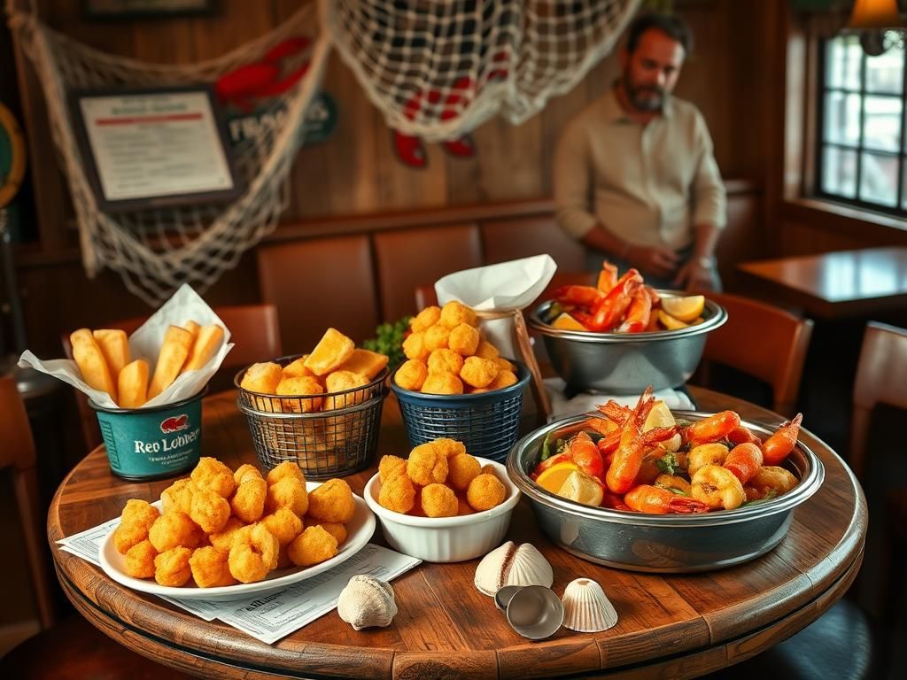 Flick International Cozy seafood restaurant setting with vibrant dishes including popcorn shrimp and seafood boil