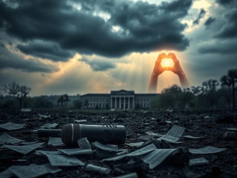 Flick International Shattered microphone and scattered papers on a dark, moody landscape symbolizing lost voices after Charlie Kirk's assassination