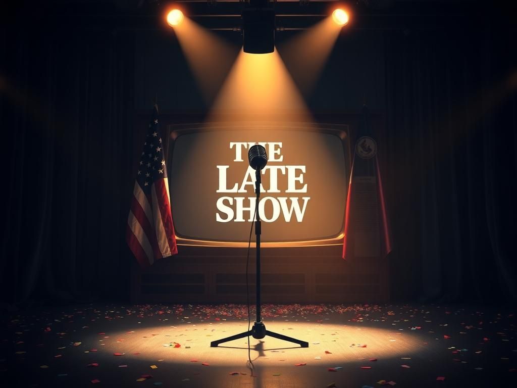 Flick International Dimly lit stage with a microphone stand and 'The Late Show' logo