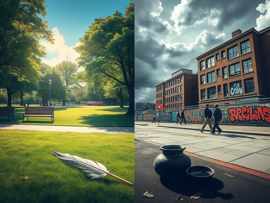 Flick International A poignant split landscape contrasting a peaceful public park with a chaotic urban environment displaying signs of political violence.