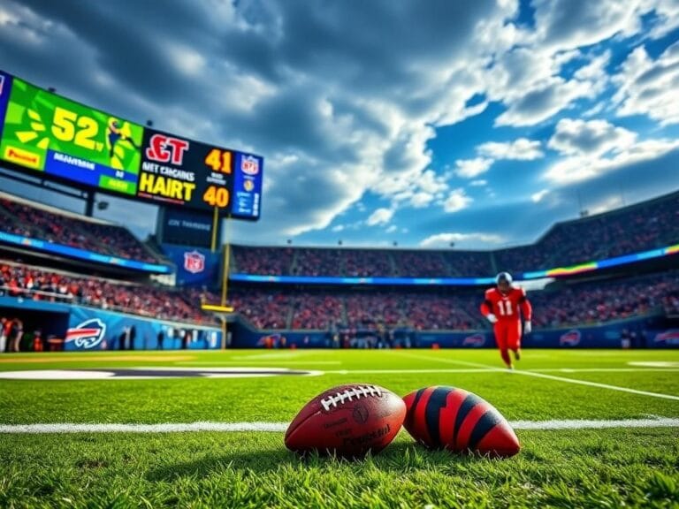 Flick International A vibrant football field scene during an NFL game with high scores displayed on the scoreboard.