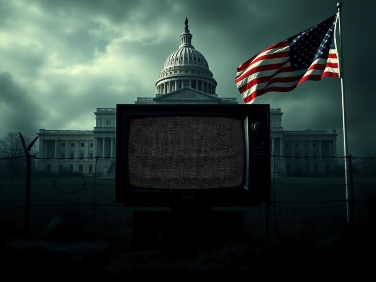 Flick International Dramatic scene of a partially concealed government building symbolizing transparency and media editing controversy