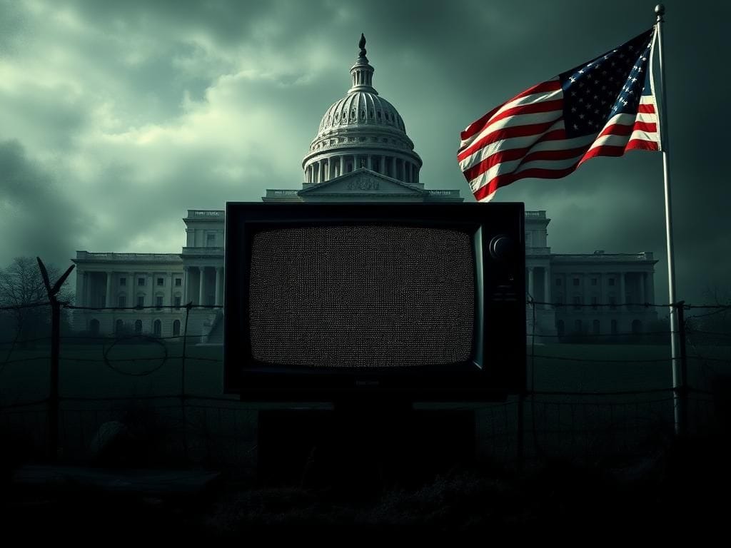 Flick International Dramatic scene of a partially concealed government building symbolizing transparency and media editing controversy