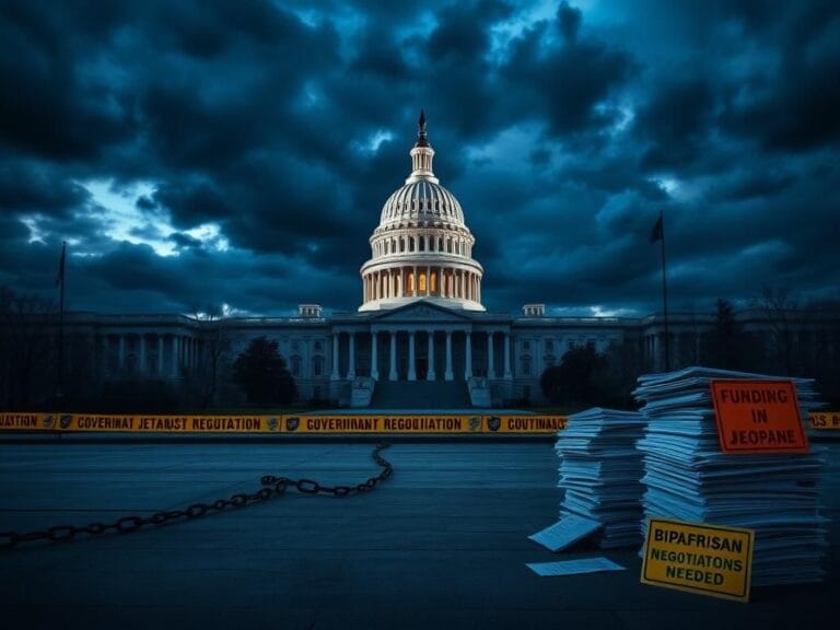 Flick International A dramatic scene of the U.S. Capitol building at dusk with dark clouds, symbolizing political turmoil around a government shutdown.