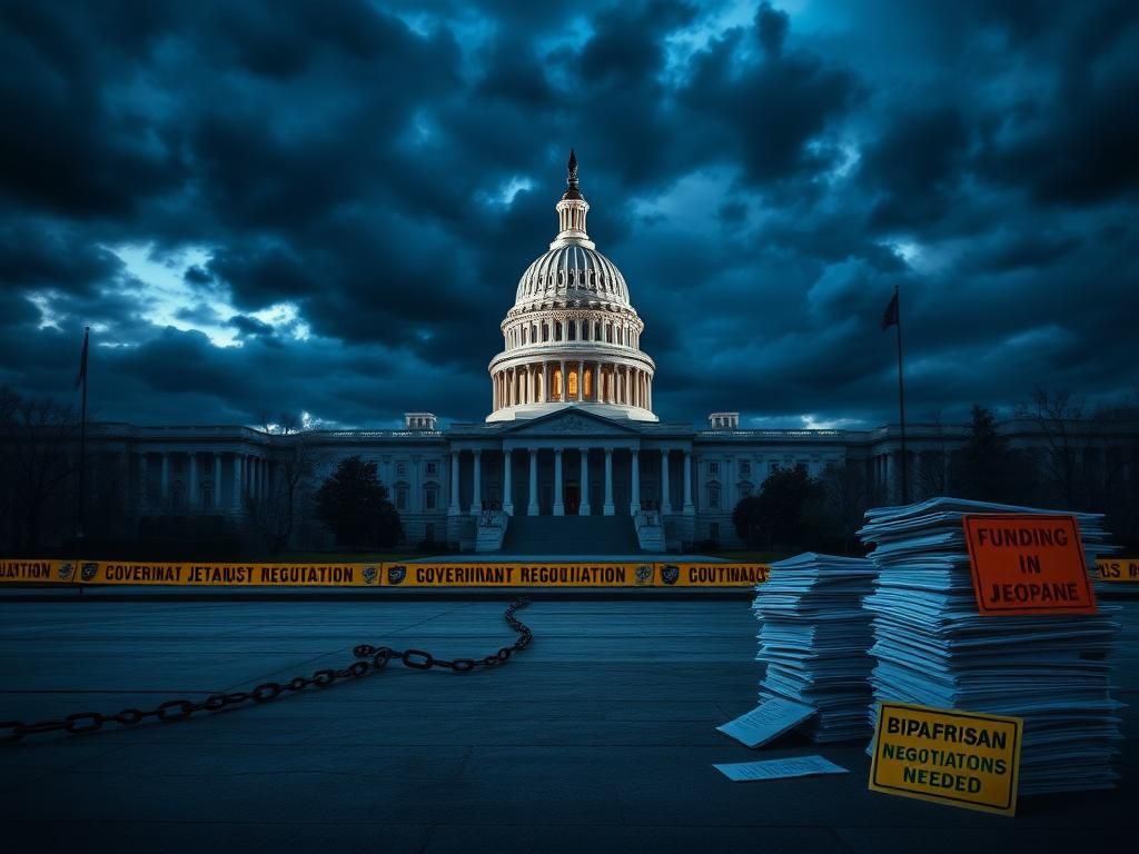 Flick International A dramatic scene of the U.S. Capitol building at dusk with dark clouds, symbolizing political turmoil around a government shutdown.