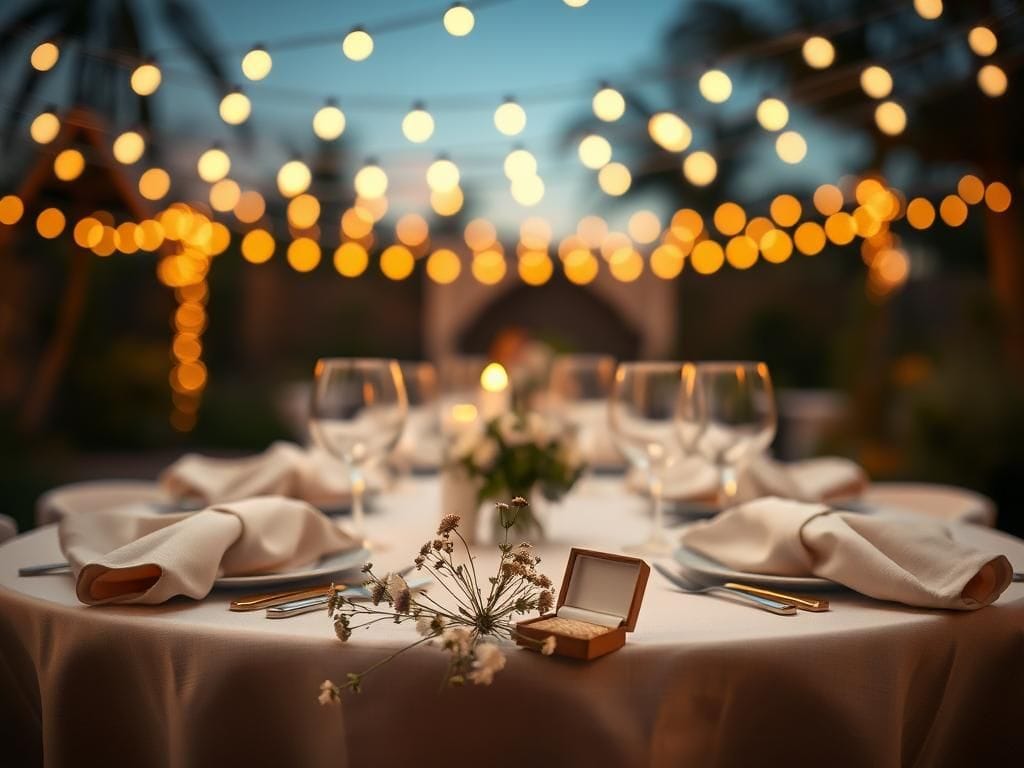 Flick International Romantic dinner table set with wildflowers under string lights