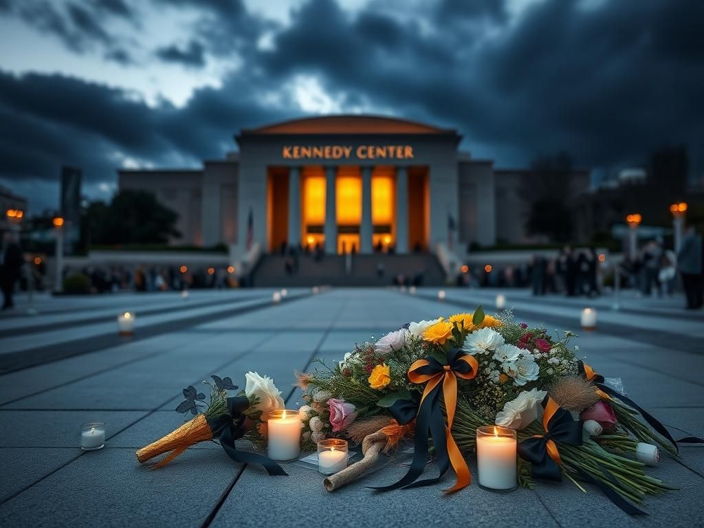Flick International Exterior view of the Kennedy Center illuminated at night with flowers and candles in tribute