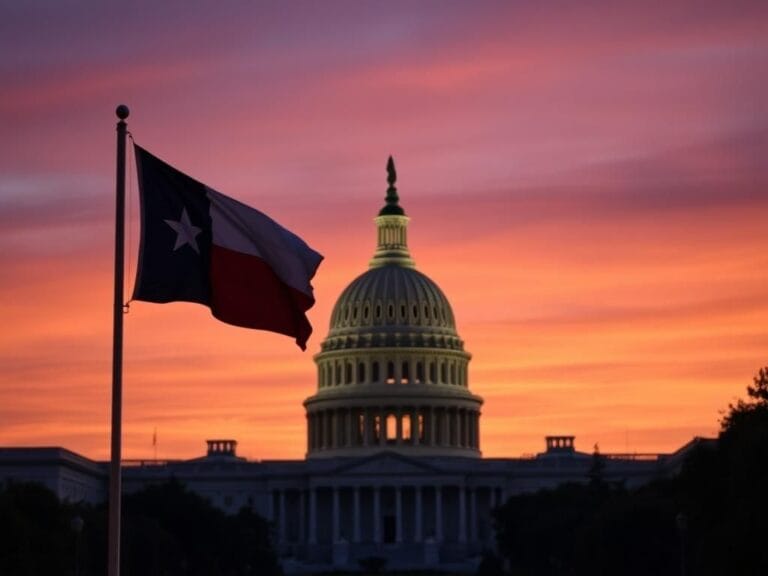 Flick International U.S. Capitol building at sunset with Texas state flag in foreground