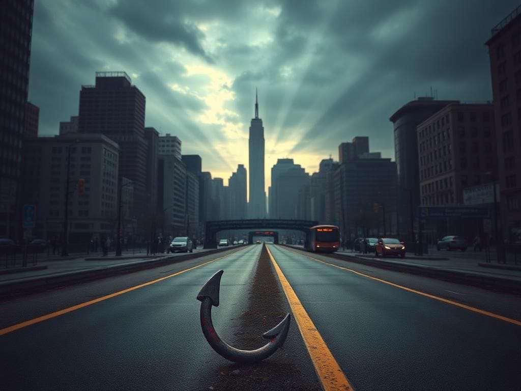 Flick International A split road diverging through a bustling urban landscape, showcasing contrasting paths representing progressive change and reluctance within the Democratic Party.