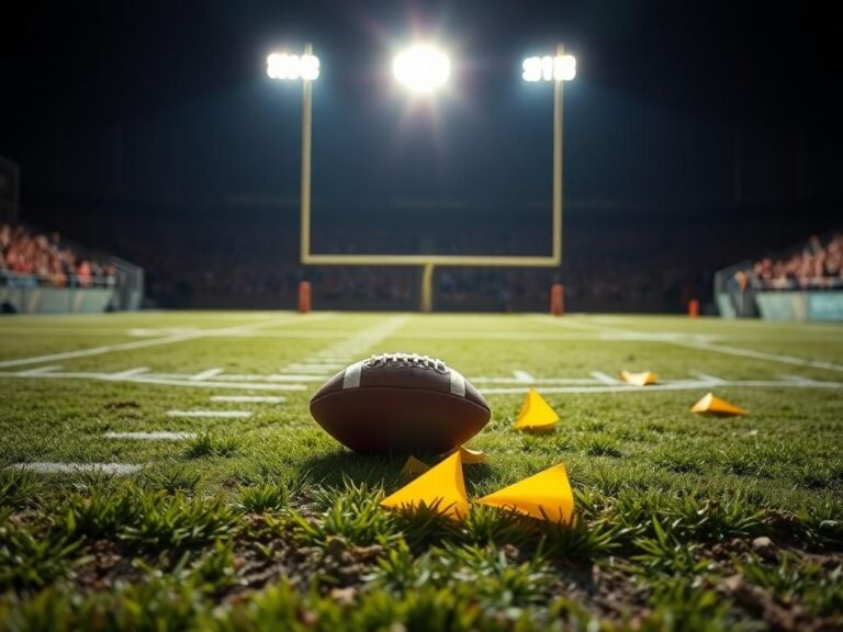 Flick International Close-up of a football on muddy turf with penalty flags during an NFL game