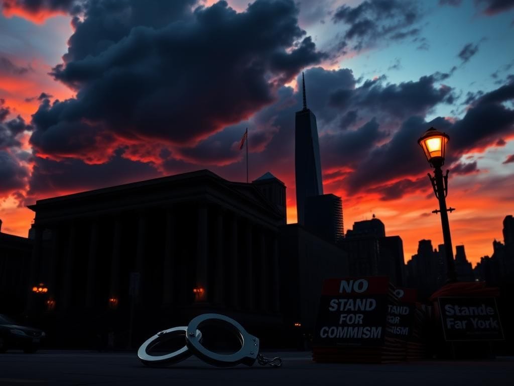 Flick International Dramatic urban skyline of New York City at sunset with political undertones