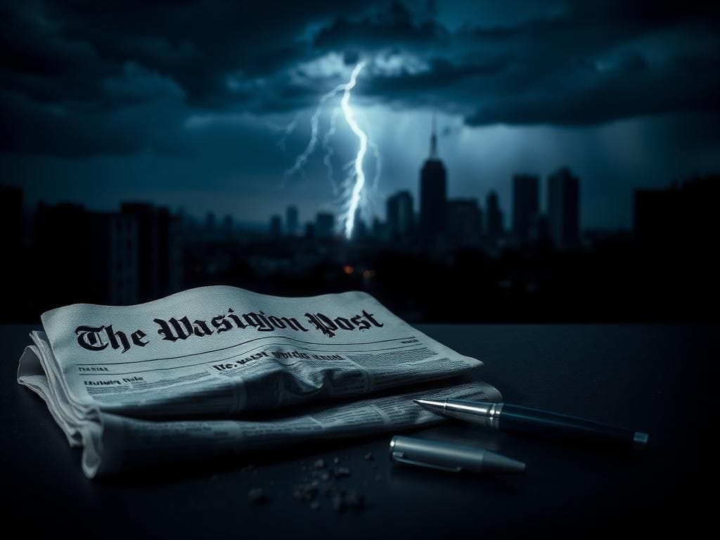 Flick International A somber urban landscape at dusk representing political controversy