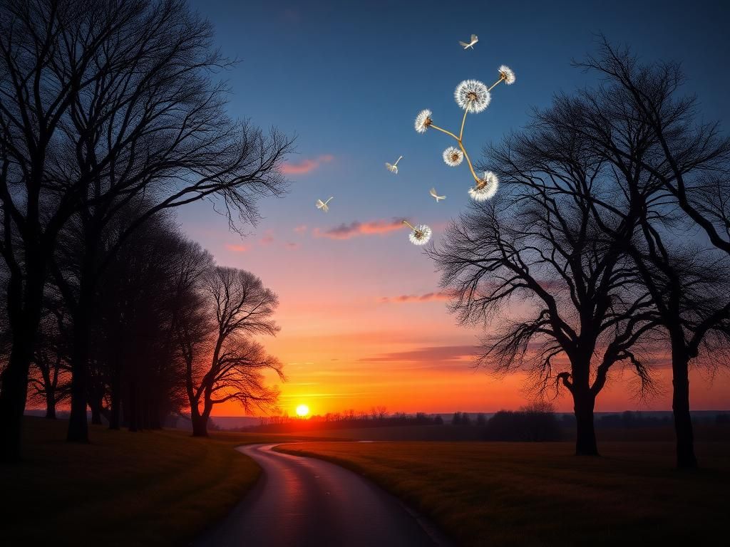 Flick International A serene landscape at dusk symbolizing hope and unity with a winding path and intertwined trees