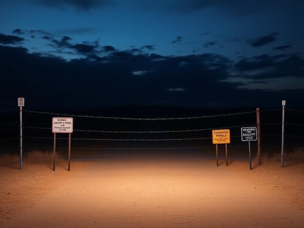 Flick International Conceptual image of an empty border crossing at dusk with a barbed wire fence symbolizing division