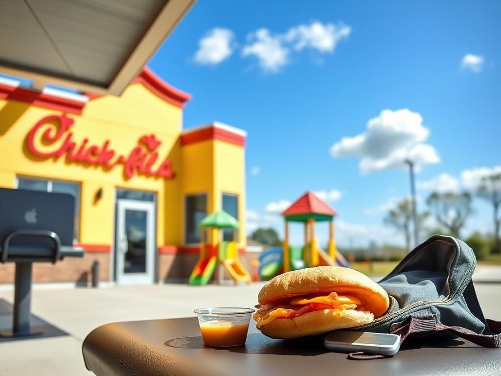 Flick International 5-year-old boy enjoying a meal at Chick-fil-A after wandering away from home