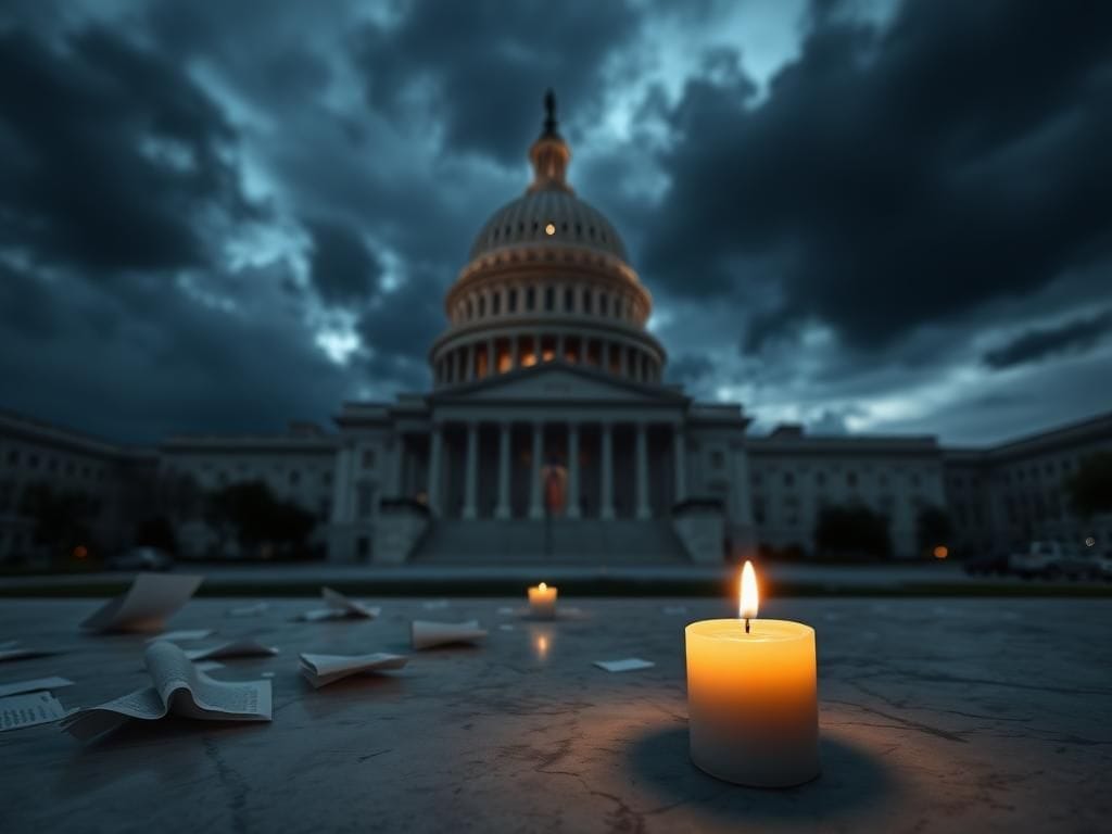 Flick International Tense image of the U.S. Capitol building at dusk with a flickering candle to honor Charlie Kirk