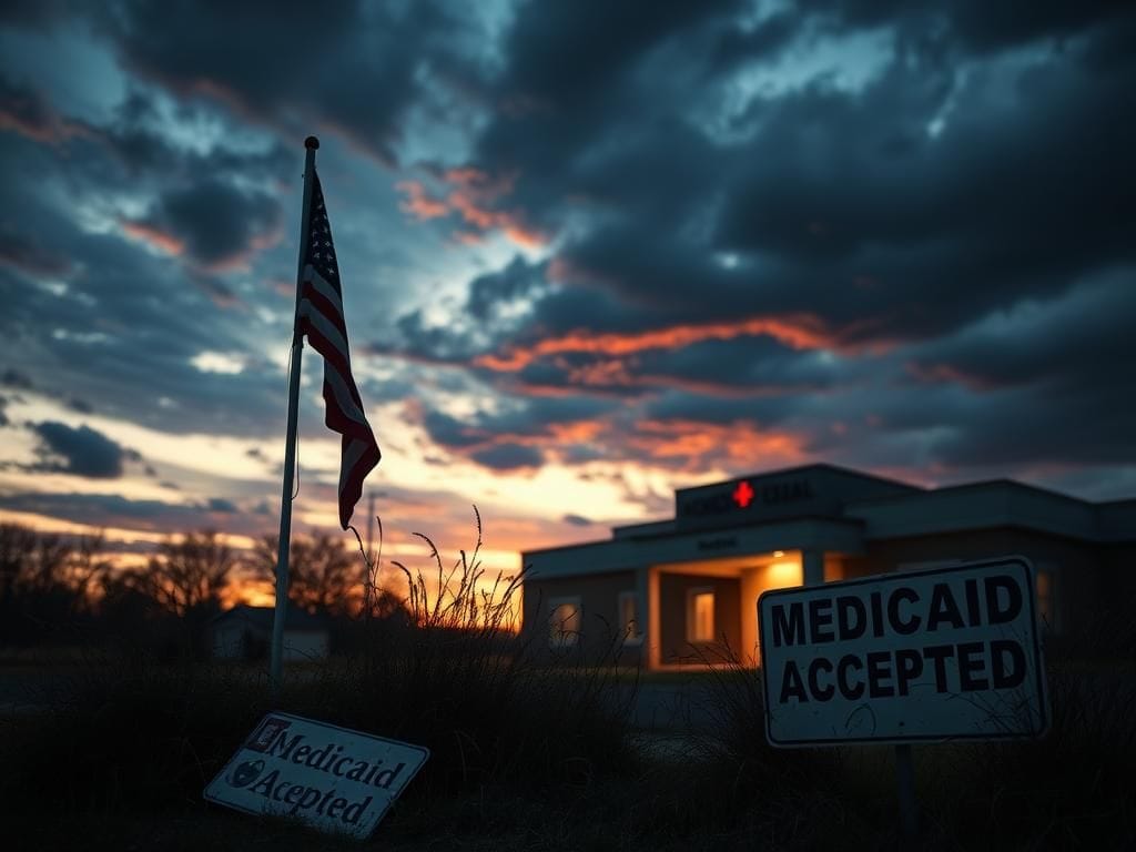 Flick International Rural hospital exterior at sunset with a dimly illuminated entrance and tattered American flag