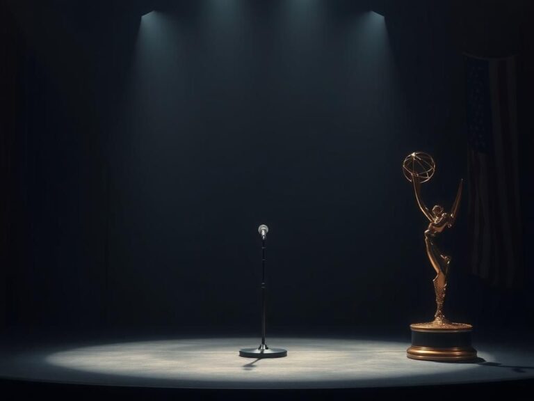 Flick International Dimly lit empty stage with a microphone and ornate Emmy trophy, symbolizing the juxtaposition of celebration and mourning.