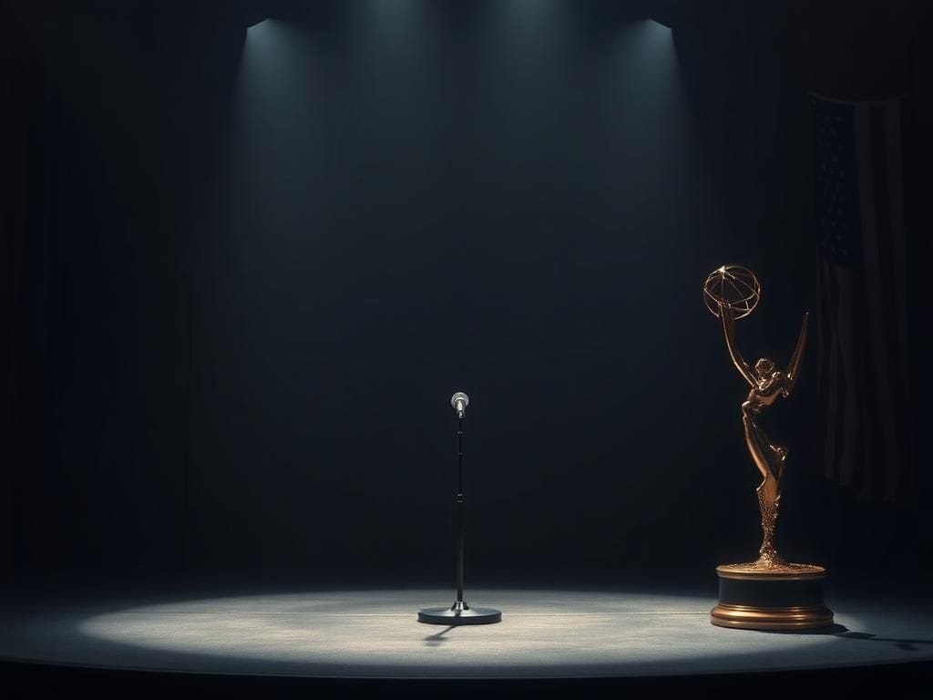Flick International Dimly lit empty stage with a microphone and ornate Emmy trophy, symbolizing the juxtaposition of celebration and mourning.