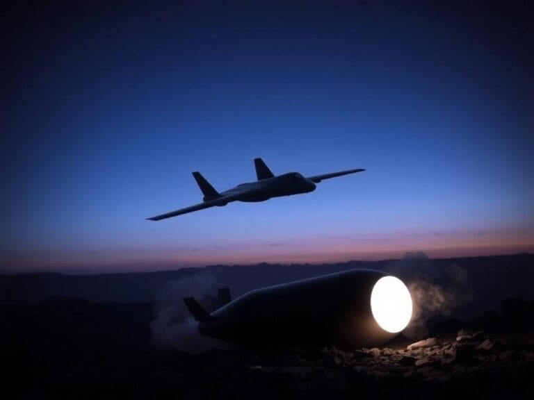 Flick International A B-2 stealth bomber flying over a twilight sky with a vapor trail.