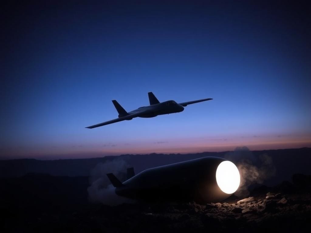 Flick International A B-2 stealth bomber flying over a twilight sky with a vapor trail.