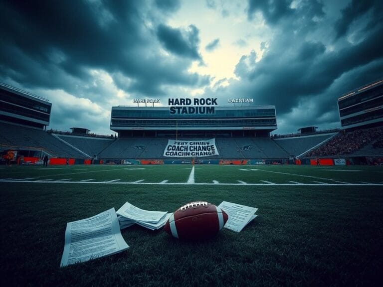 Flick International Dramatic image of an empty football field at Hard Rock Stadium under a stormy sky symbolizing tension and uncertainty