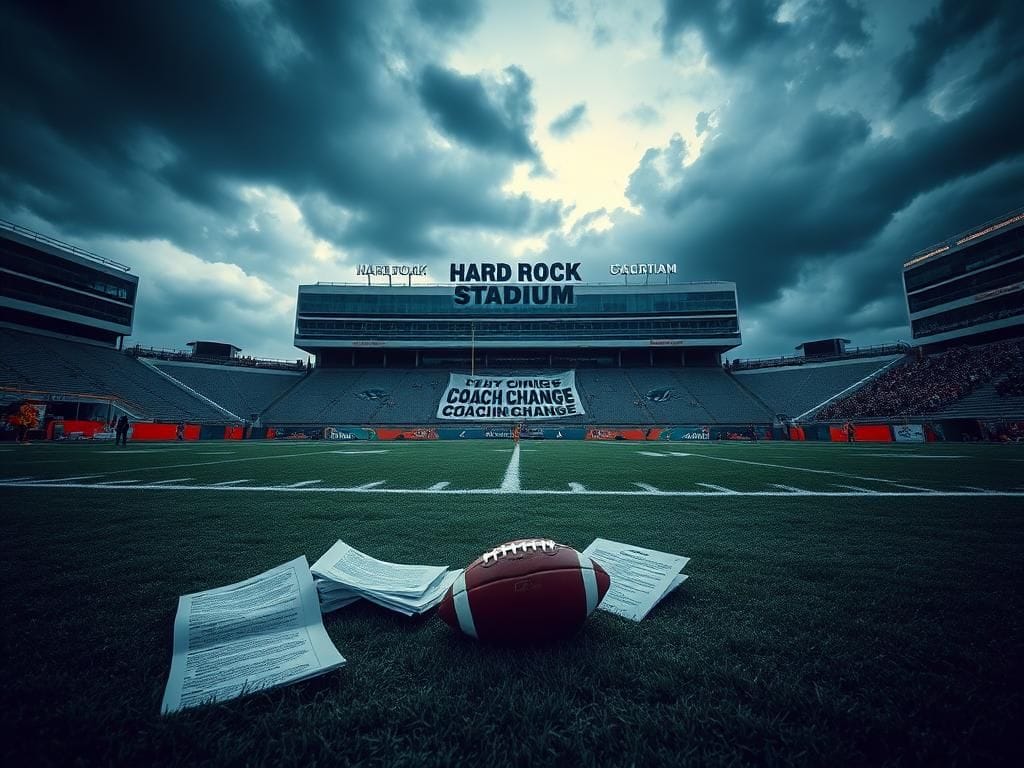Flick International Dramatic image of an empty football field at Hard Rock Stadium under a stormy sky symbolizing tension and uncertainty
