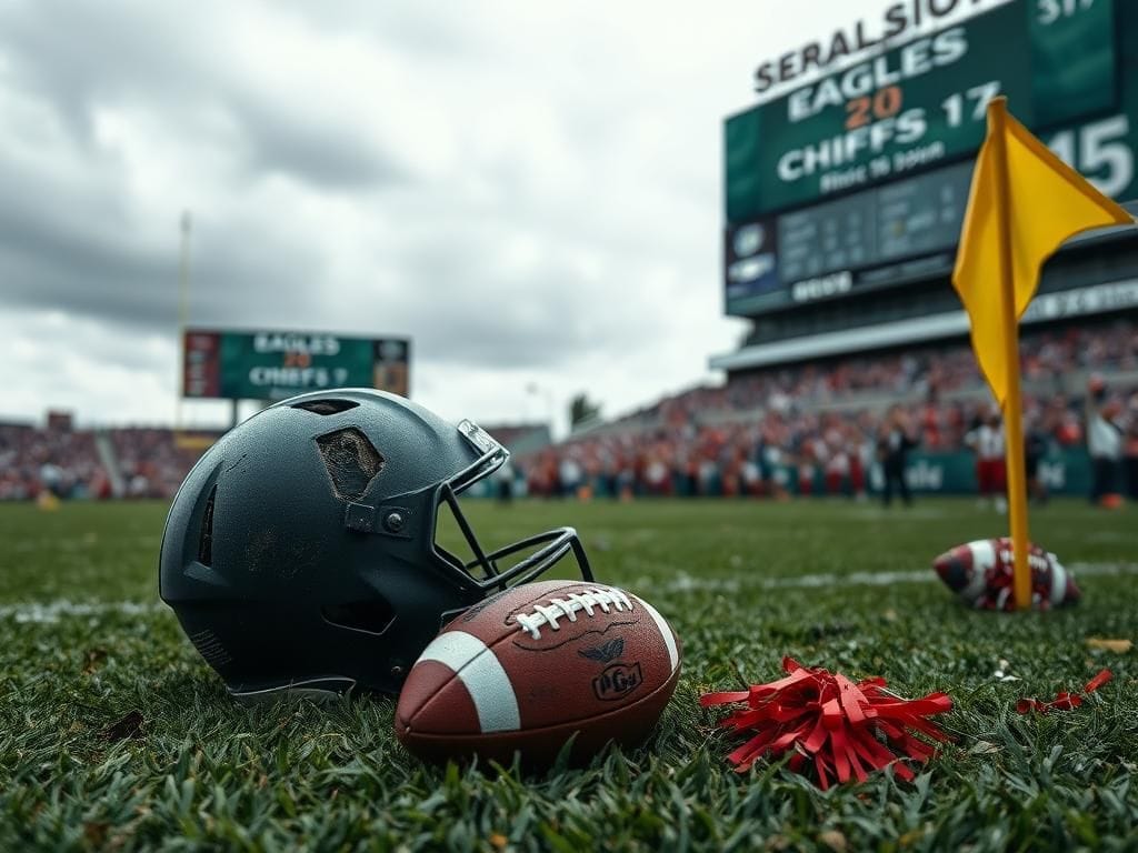 Flick International A scuffed helmet on a football field after a tense game