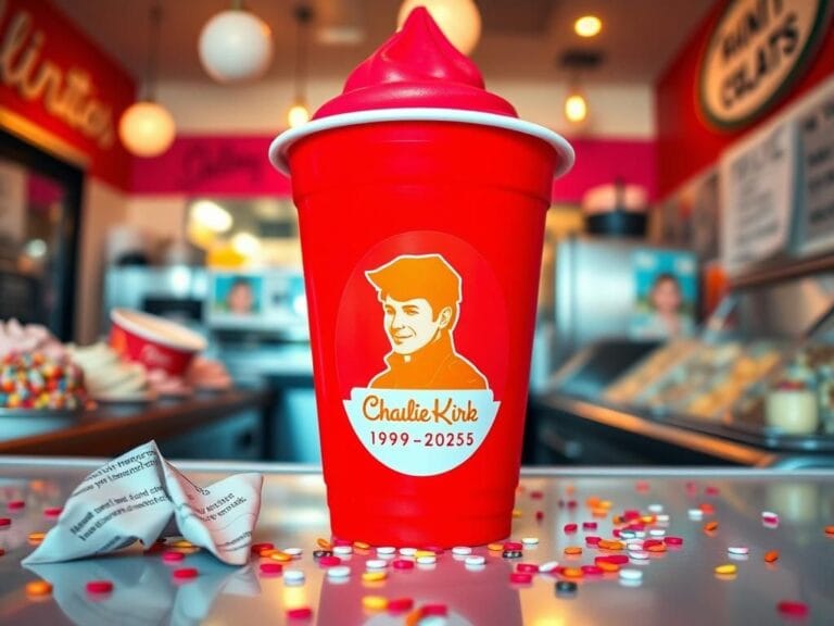 Flick International Close-up of a vibrant frozen yogurt cup with a memorial sticker honoring Charlie Kirk