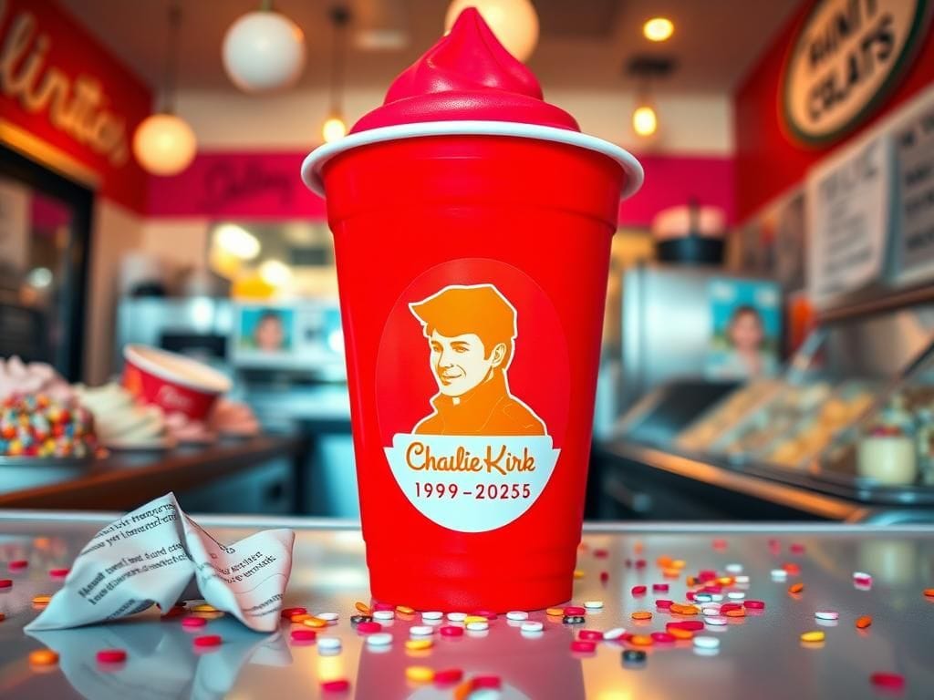 Flick International Close-up of a vibrant frozen yogurt cup with a memorial sticker honoring Charlie Kirk