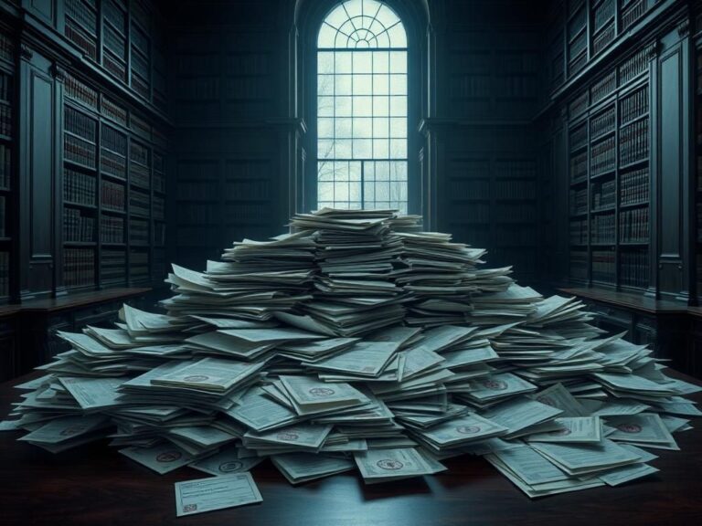 Flick International Artistic representation of a large stack of Epstein documents on a wooden table
