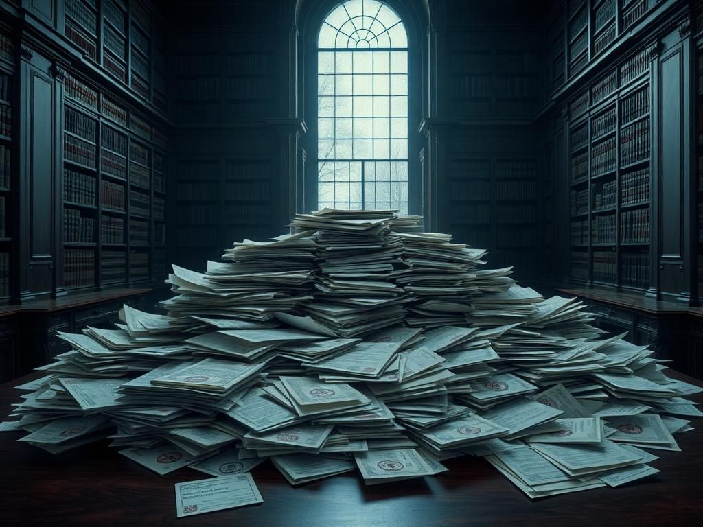 Flick International Artistic representation of a large stack of Epstein documents on a wooden table